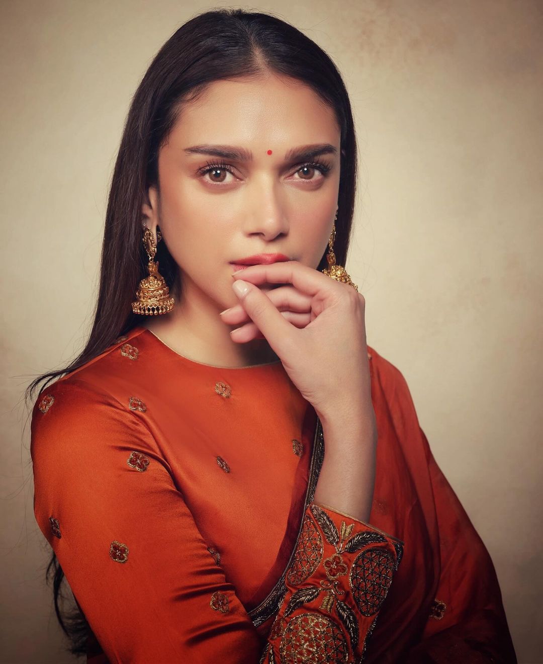 Bollywood Actress Aditi Rao Hydari In Orange Saree